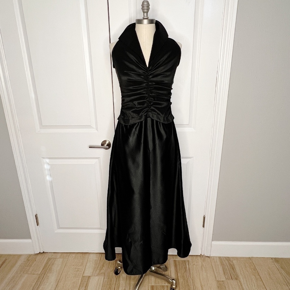 Vintage 1990s Black Ruched Tuxedo Style Dress Gown Tadashi Size 4